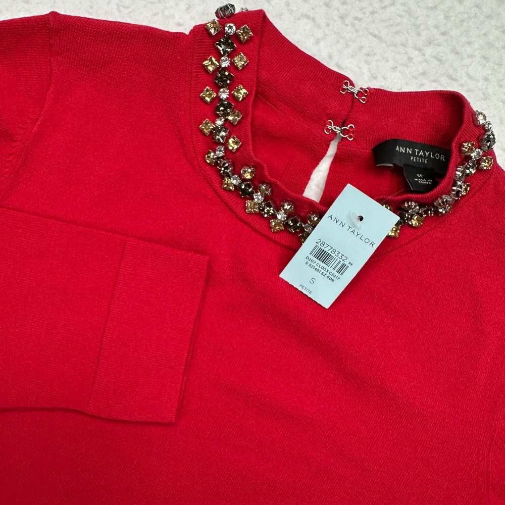 Ann Taylor Jeweled Mock Neck Sweater Womens Small Petite Red Embellished NEW